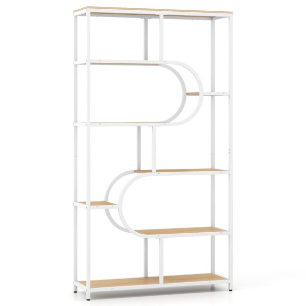 8-korruseline raamaturiiul, moodne riiuliüksus avatud riiulitega, eraldiseisev kõrge riiul naturaalse U-kujulise disainiga