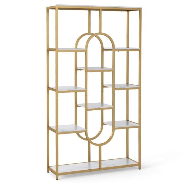 5-korruseline tööstuslik raamaturiiul avatud riiulitega, eraldiseisev ovaalne kõrge riiul, valge