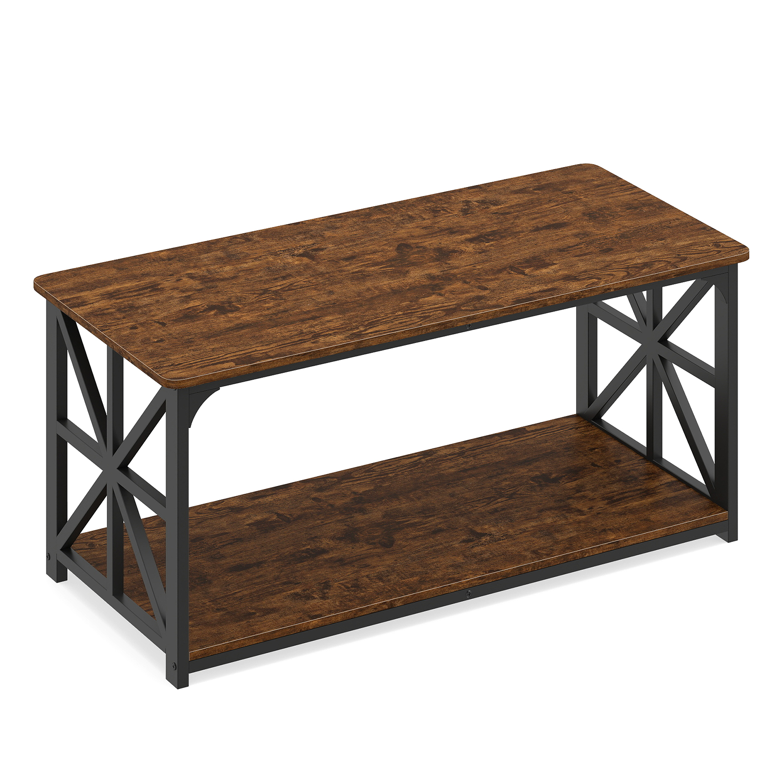 Tööstusliku talumaja stiilis kohvilaud avatud panipaigaga, kahetasandiline aktsentlaud, maalähedane pruun