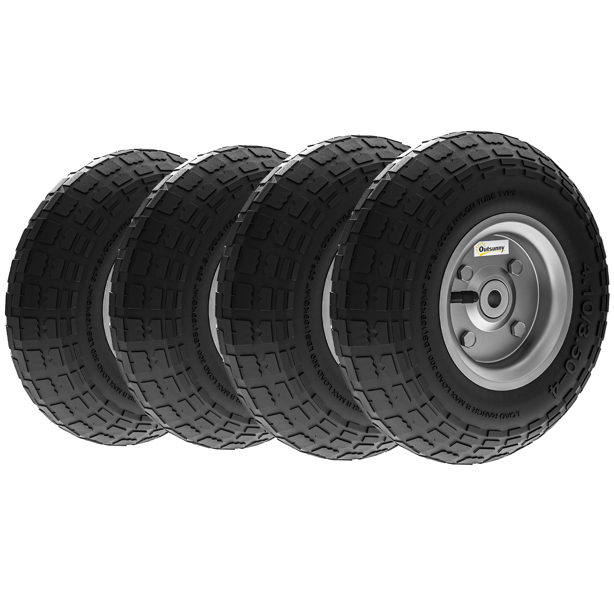 Käruratas, 4 tk komplekt, vahetusratas, 80 kg, Ø 255 mm, täiskummist õhkrehv sisekummiga, kuullaagrid, must