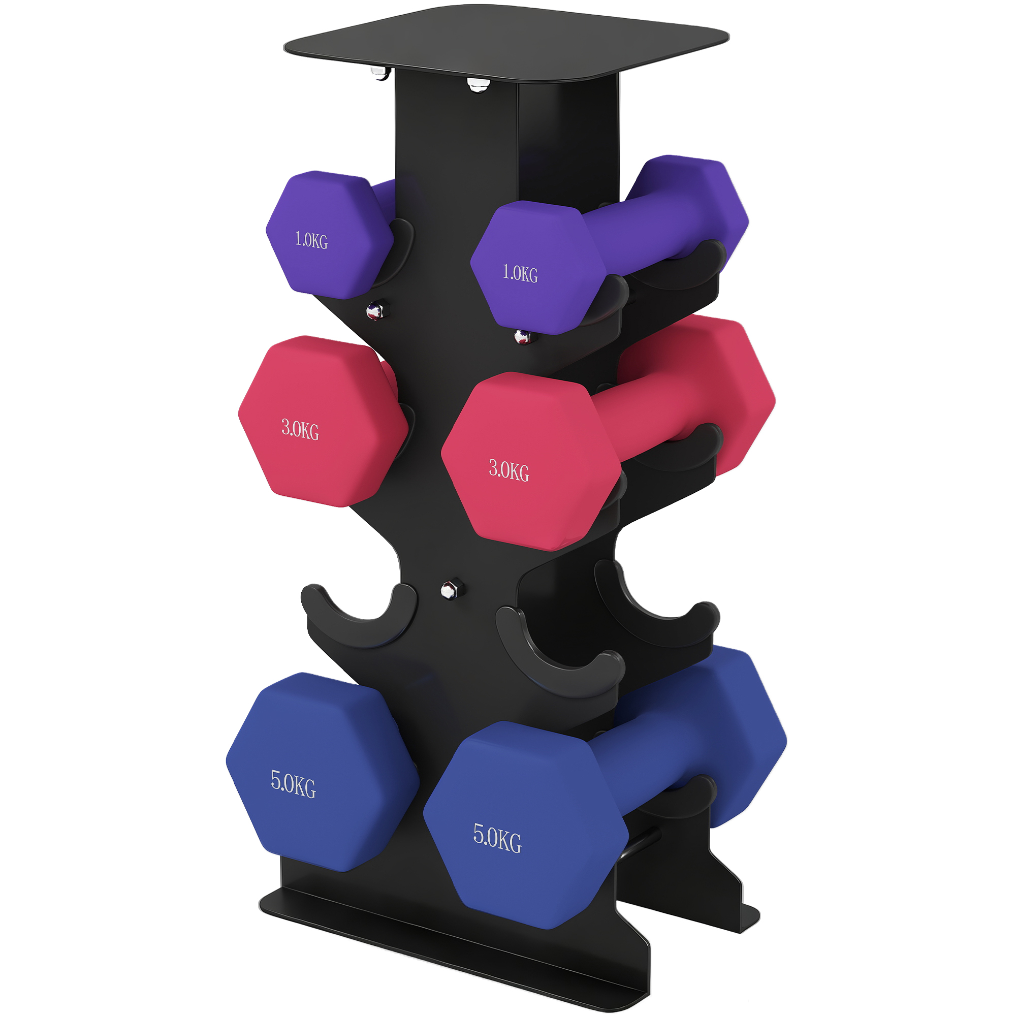 Hantlite komplekt 3 paari hantleid hoiualusega, libisemiskindel käepide, 1-5 kg ​​​​kuusnurkne