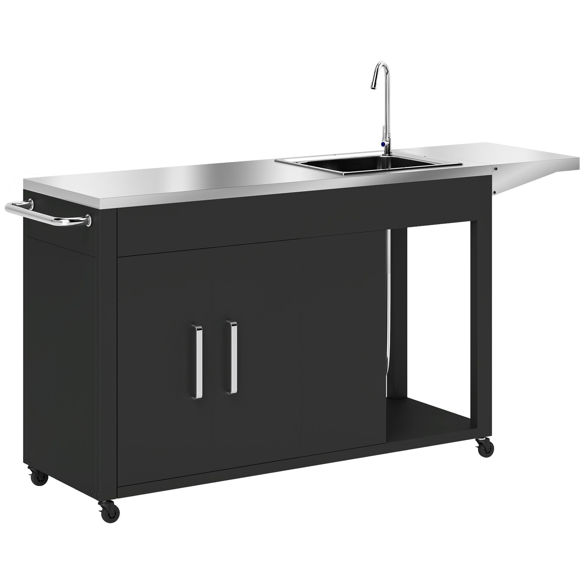 Grillkäru/serveerimiskäru töötasapinna, külgpaneeli, kapi, valamu ja ratastega, roostevaba teras, 162,5 x 47 x 87 cm, must