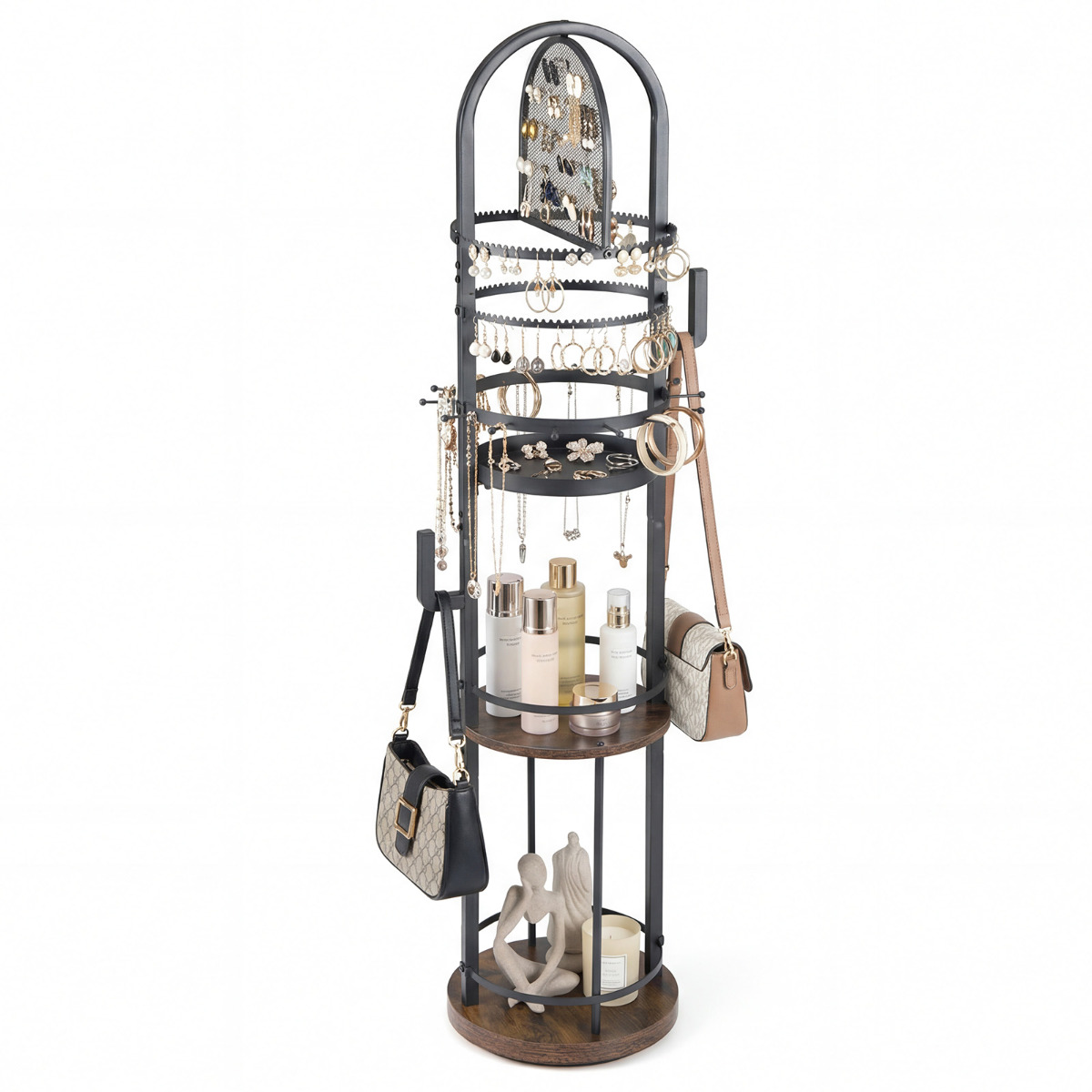 360° pöörlev eraldiseisev ehtealus, ehete vitriinalus kõrvarõngaste ja kaelakee hoidikuga ning 3 riiuliga, pruun hoiustamispuu