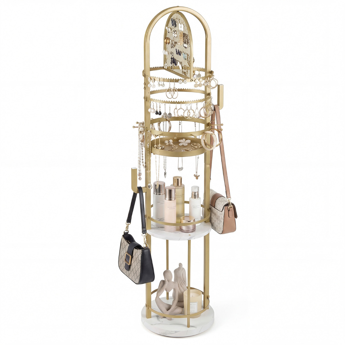 360° pöörlev eraldiseisev ehtealus, ehete vitriinalus kõrvarõngaste ja kaelakee hoidikuga ning 5 riiuliga, valge hoiustamispuu