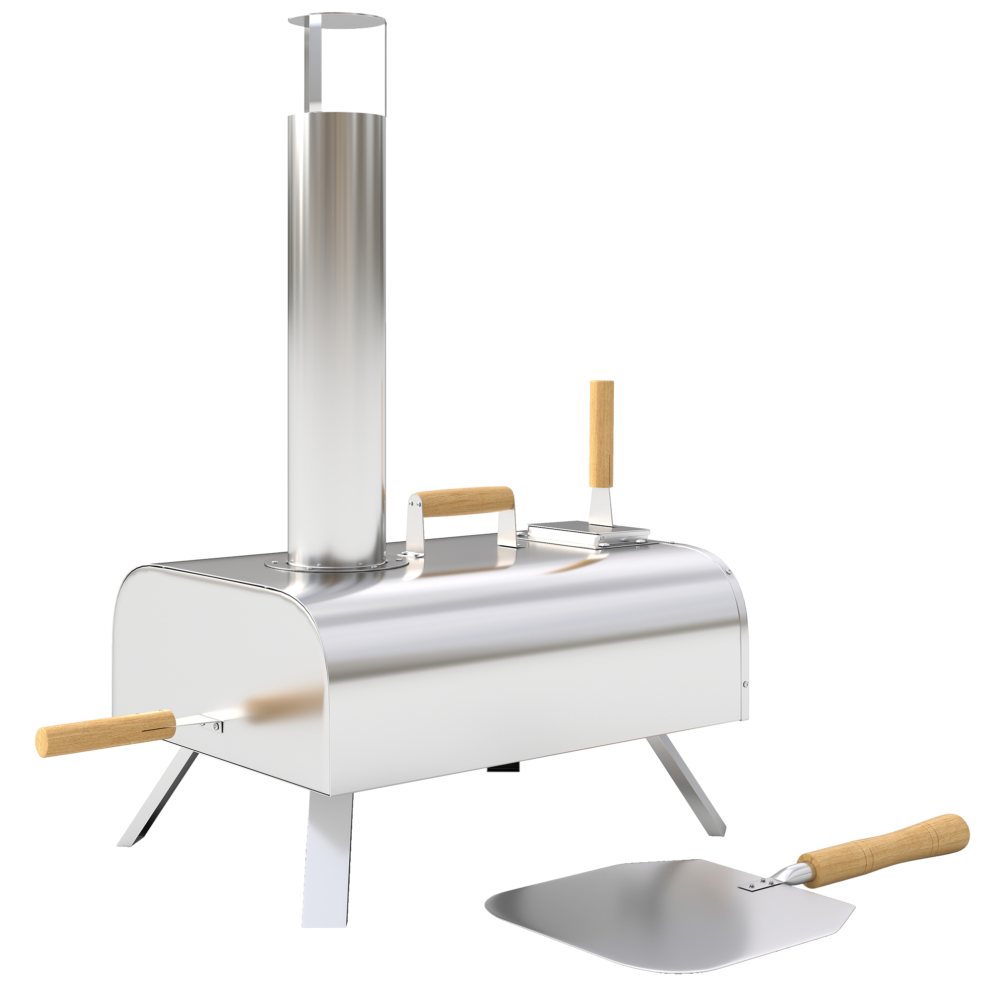 Välipizzaahi, kaasaskantav pitsaahi pitsakivi ja koorikuga, kokkupandavad jalad, korsten, roostevaba teras