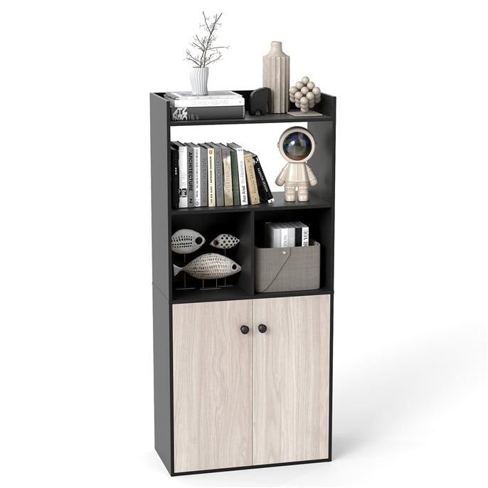 Raamaturiiul kahekordsete ustega, 3-tasandiline eraldiseisev riiul avatud sektsioonidega, must