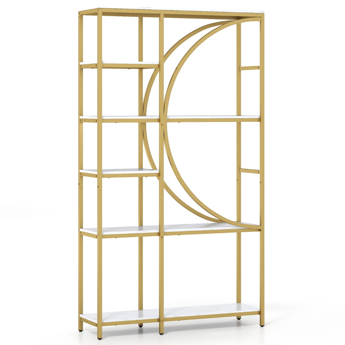 6-korruseline tööstuslik kontoririiul avatud riiulitega, kõrge riiul kaarekujulise disainiga, eraldiseisvad riiulid, kuldne