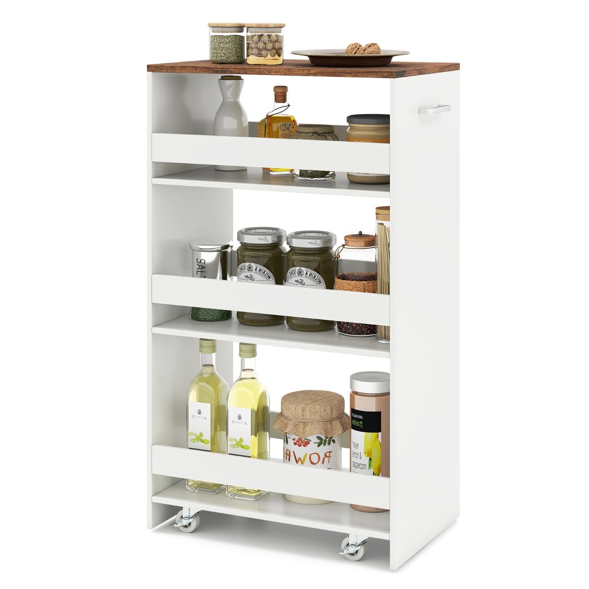 30 cm laiune nišikäru käepideme ja käsipuudega, 4 riiulit, köögikäru, niširiiul, valge