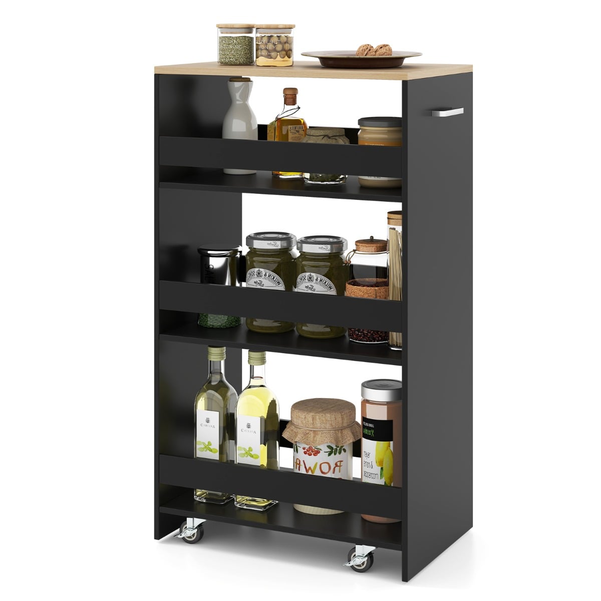 30 cm laiune nišikäru käepideme ja käsipuudega, 4 riiulit, köögikäru, niširiiul, must