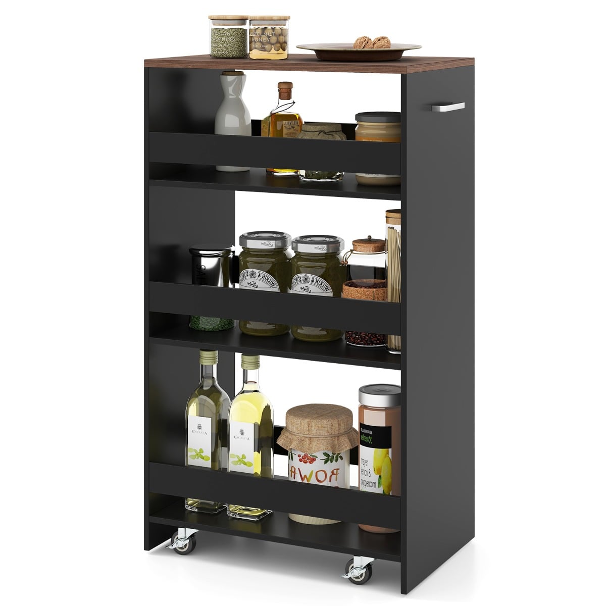 30 cm laiune nišikäru käepideme ja käsipuudega, 4 riiulit, köögikäru, niširiiul, must+vintage