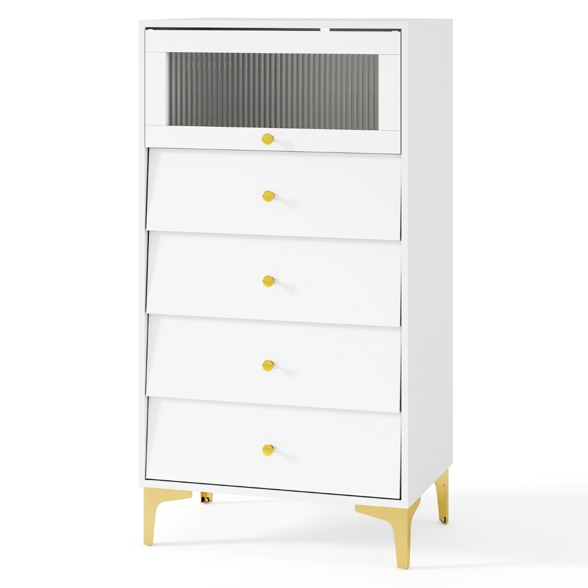 Kummut nelja sahtliga kõrge klaasist uksega valge kummut