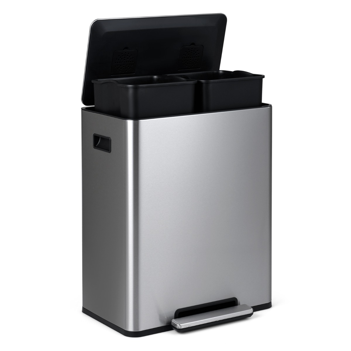 60L roostevabast terasest prügikast pedaali ja pehmelt sulguva kaanega, 2 sektsiooni, prügisorteerimissüsteem, hõbedane