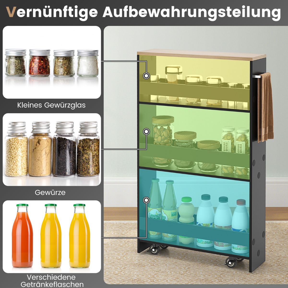 4-korruseline Slim Ladustusrullik Ratastel, Must