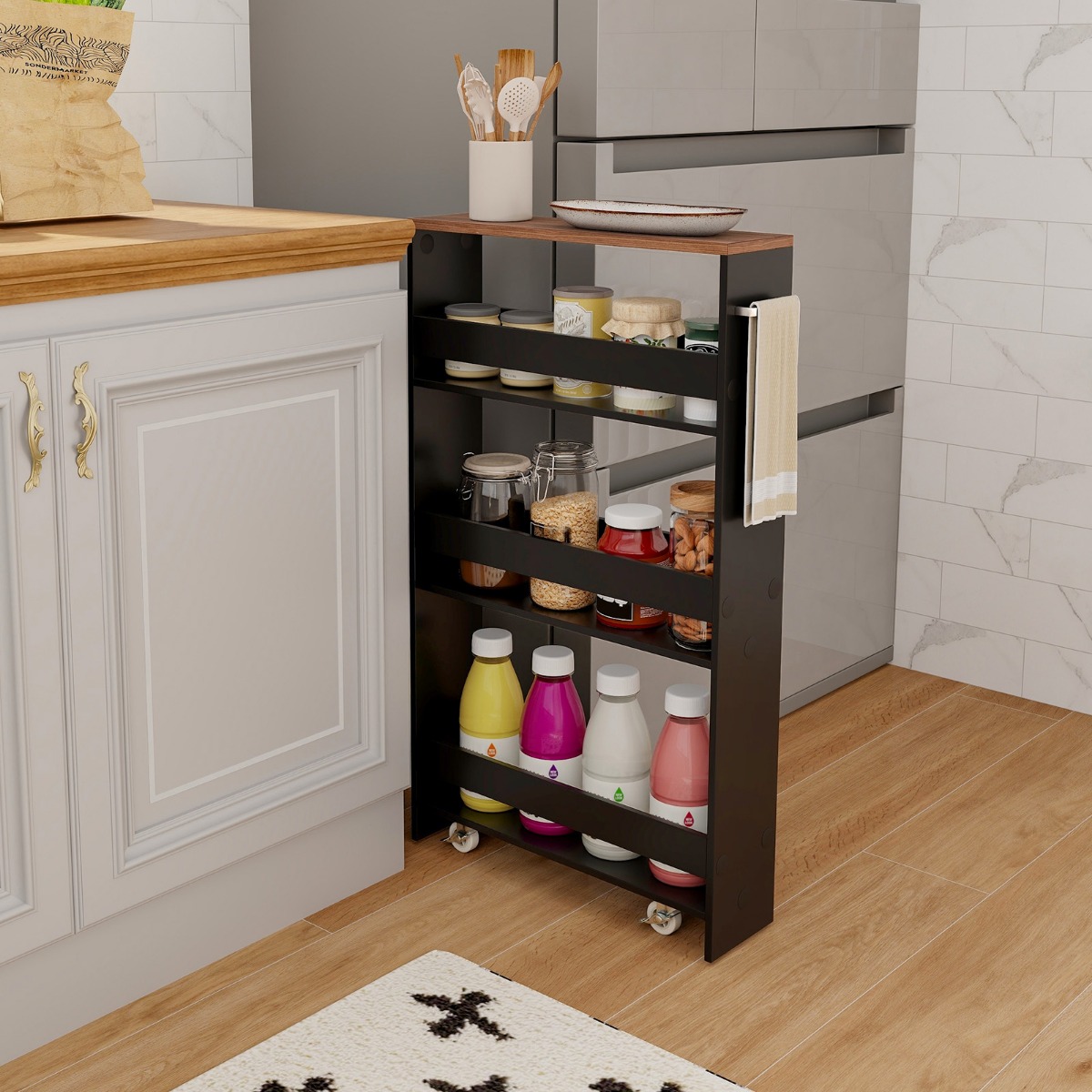 4-astmeline puidust ratastel käepidemega niširiiul köögikäru 48 x 13 x 81 cm must pruun