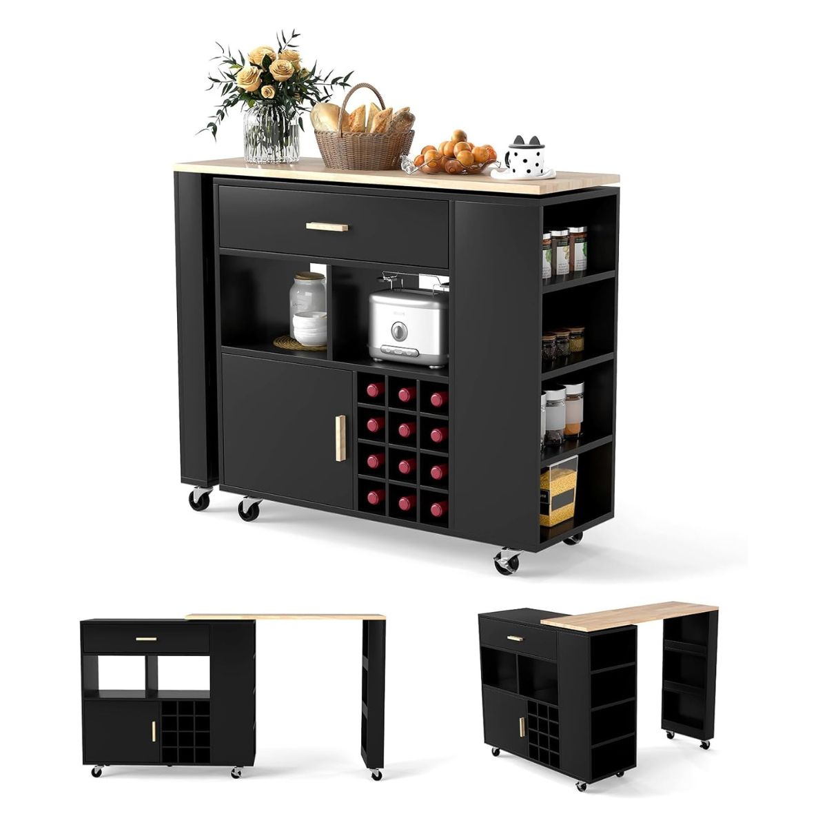 Köögikäru ja baarilaud reguleeritava riiuli sahtli vürtsiriiuli ja veiniriiuliga must