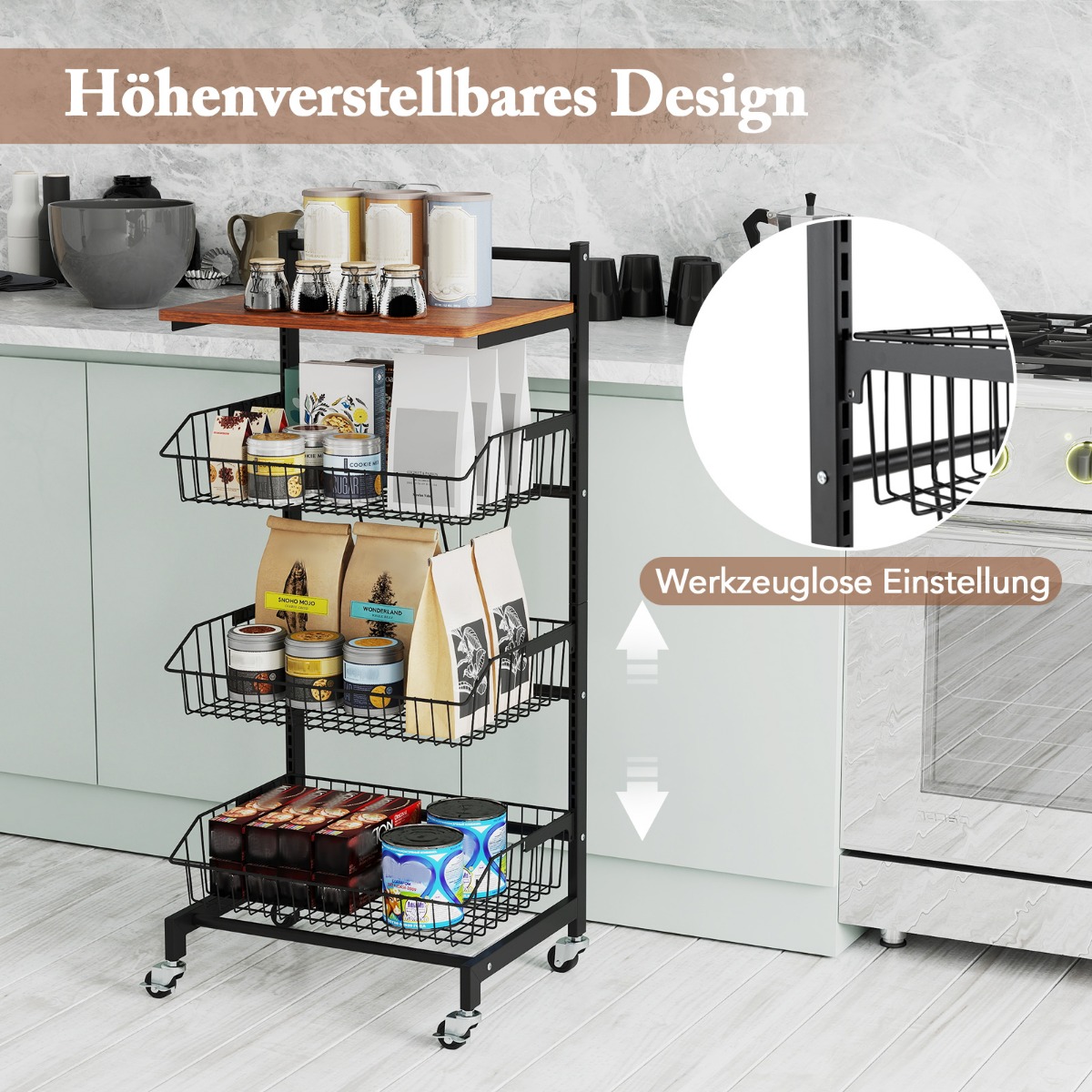 Riiul ratastega köögiviljade jaoks väljatõmmatavate korvidega 40 x 31 x 88 cm