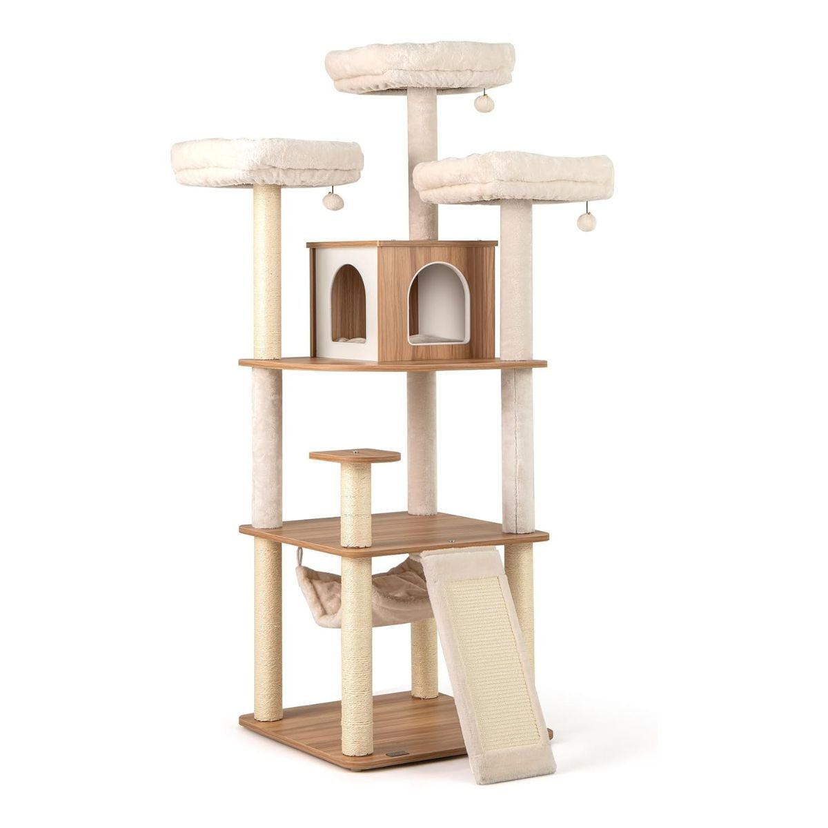 168 cm puidust kraapimispuu koopaga redeli mattide pallide ja rippvoodiga kasside kraapimispuu