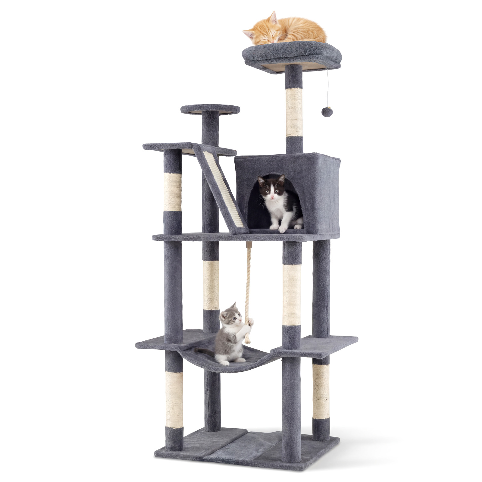 Kassipuu 158cm Mitmetasandiline Vaatepunkt Koobas Võrkkiik Sisalist Kraapimispostid Ronimisalus Kassipoegadele Tumehall