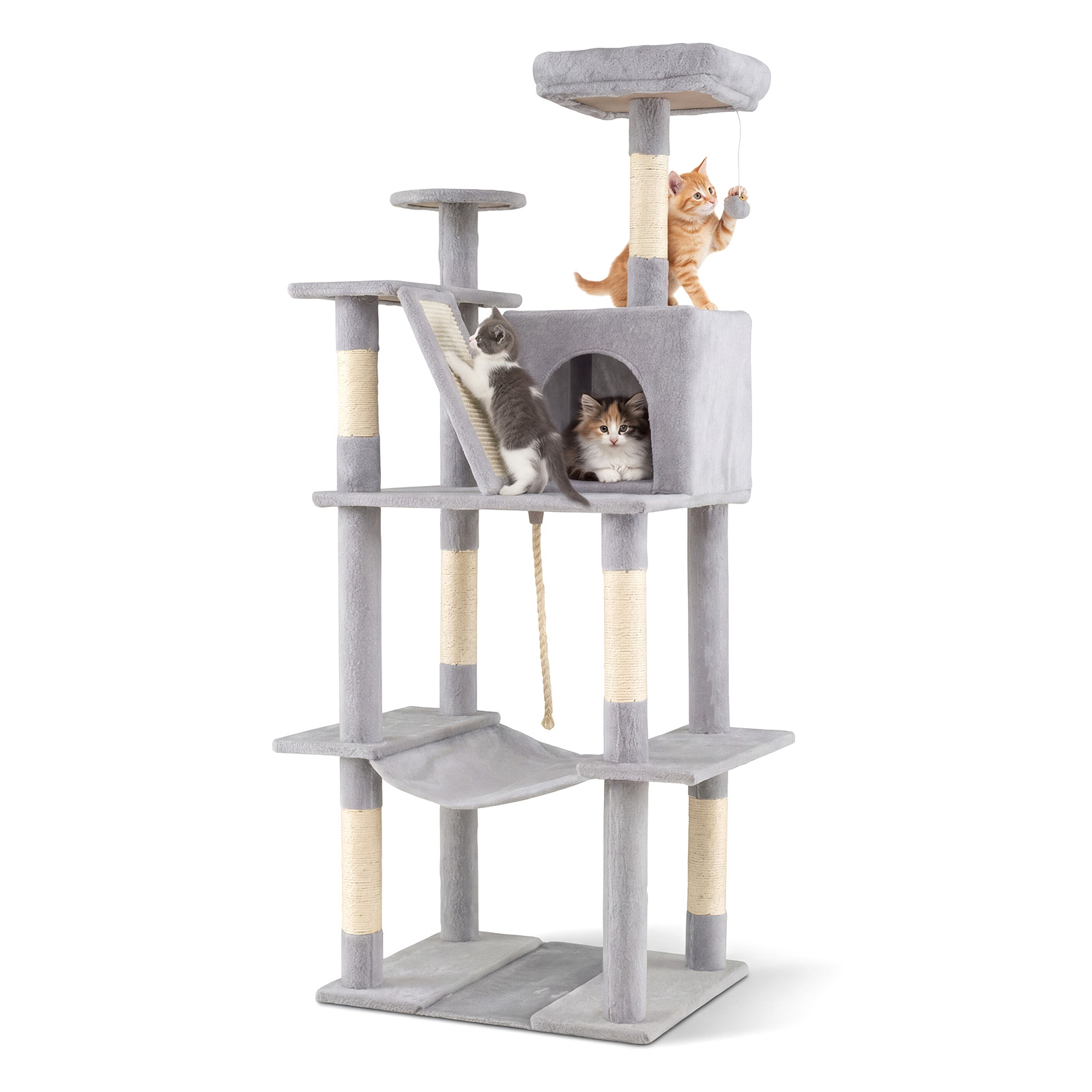 Kassipuu 158 cm mitmetasandiline vaateplatvormiga, koobas, võrkkiik, sisalist kraapimispost, ronimisalus kassipoegadele, helehall