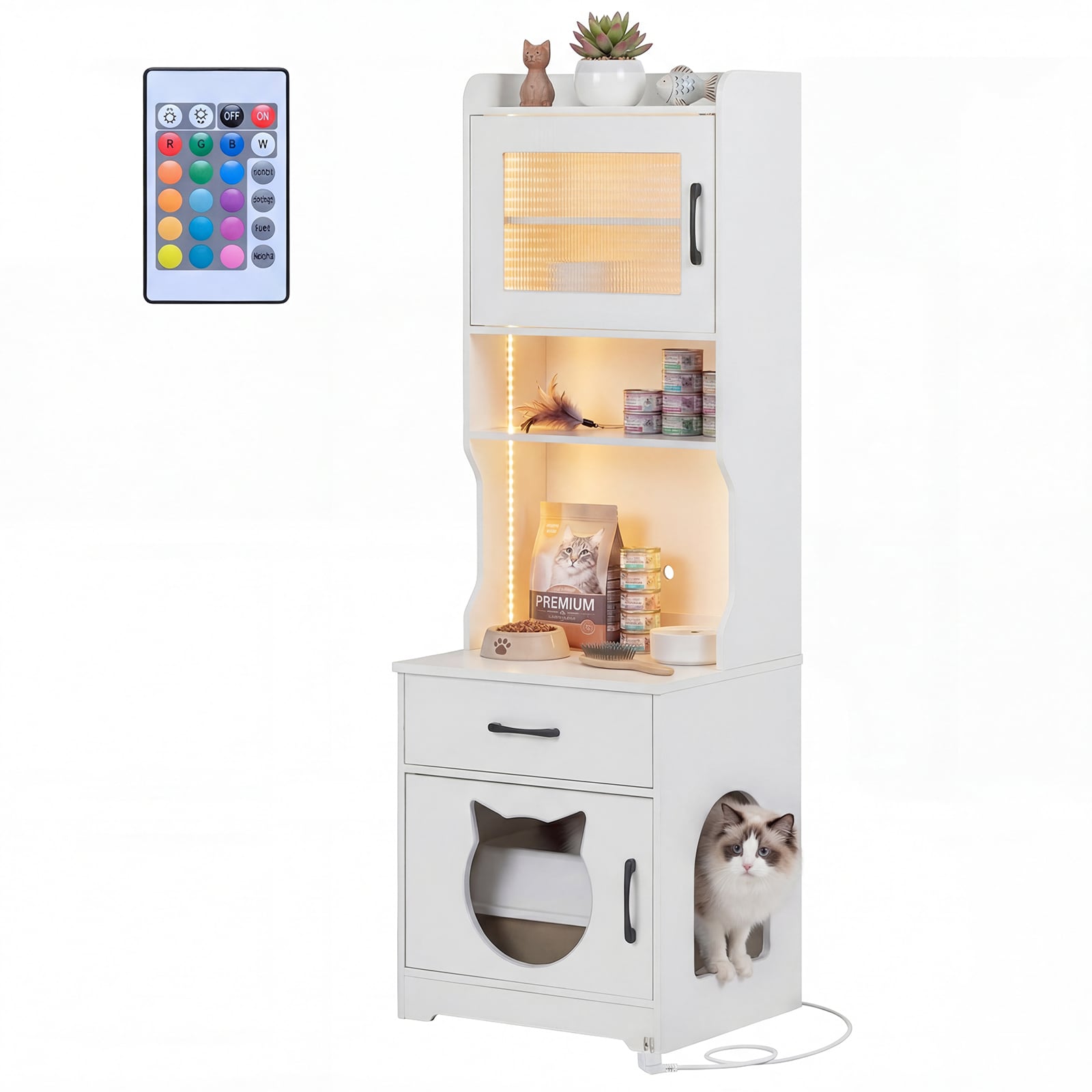 Kassiliivakasti kapp reguleeritava LED-valgusti, riiuli, laadimisjaama ja sahtliga, valge.