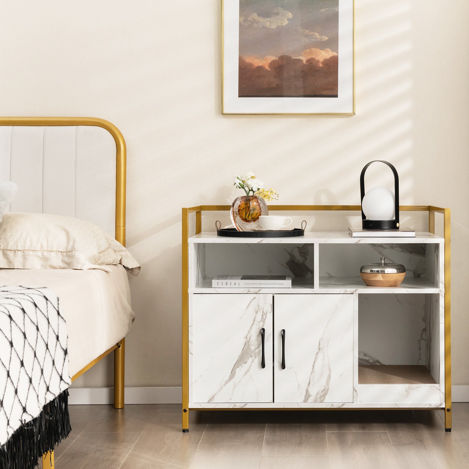 Kassikapp topeltustega ja kraapimisalusega, valge marmor