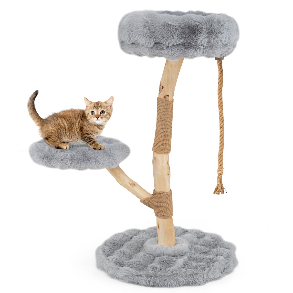 90 cm täispuidust kassipuu 3 pehme õrre, köie ja kraapimispostidega, kassipuu, kassitorn, hall