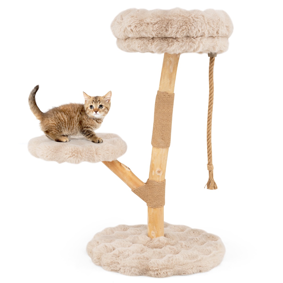 90 cm täispuidust kassipuu 3 pehme õrre, köie ja kraapimispostidega, kassipuu, kassitorn, beež