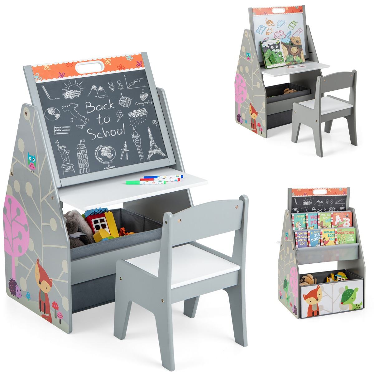 Kahepoolne laste laud ja toolide komplekt magnettahvli valgetahvli ja raamaturiiuliga hall