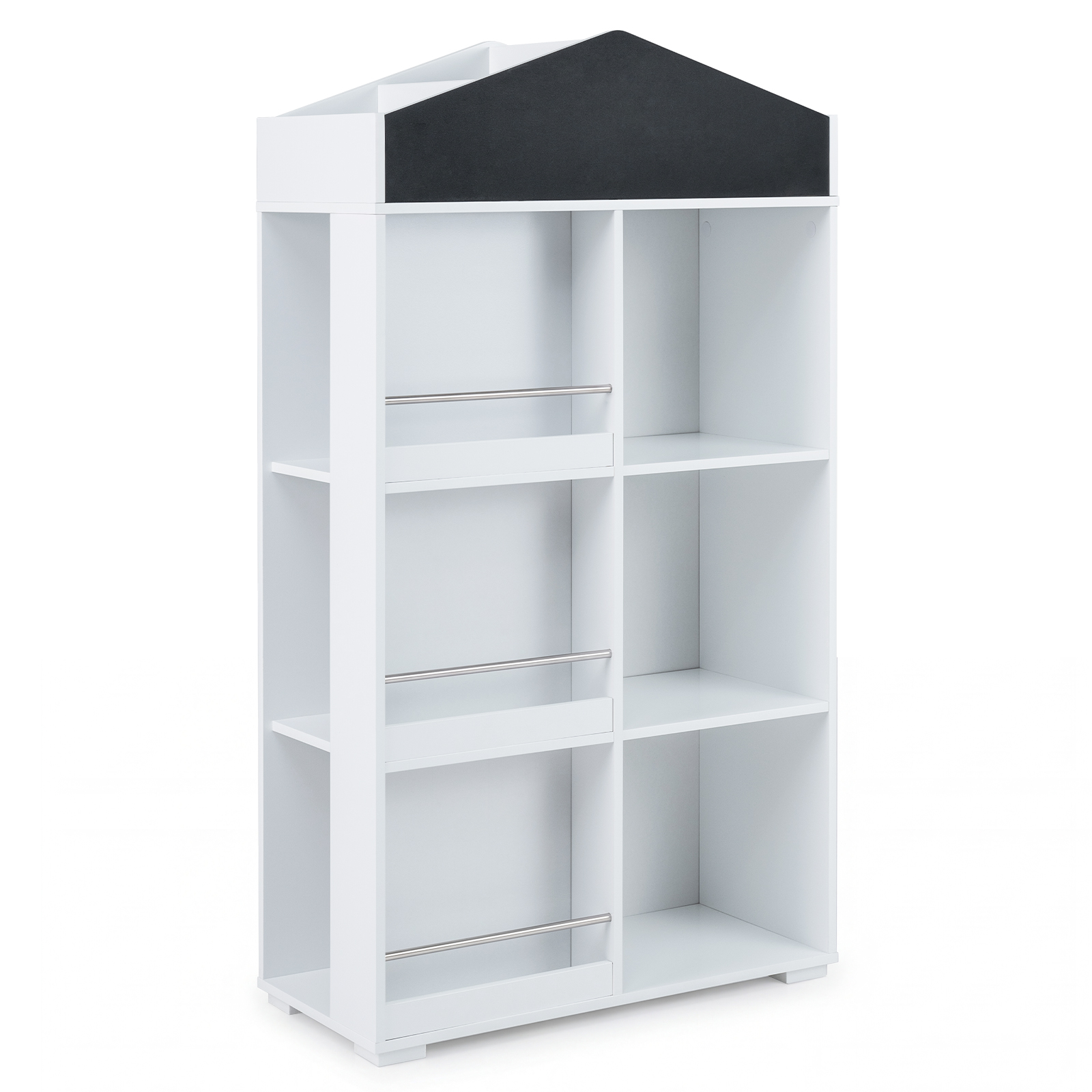 Laste majakujuline raamaturiiul kriiditahvli ja 13 sektsiooniga, Montessori mänguriiul, valge