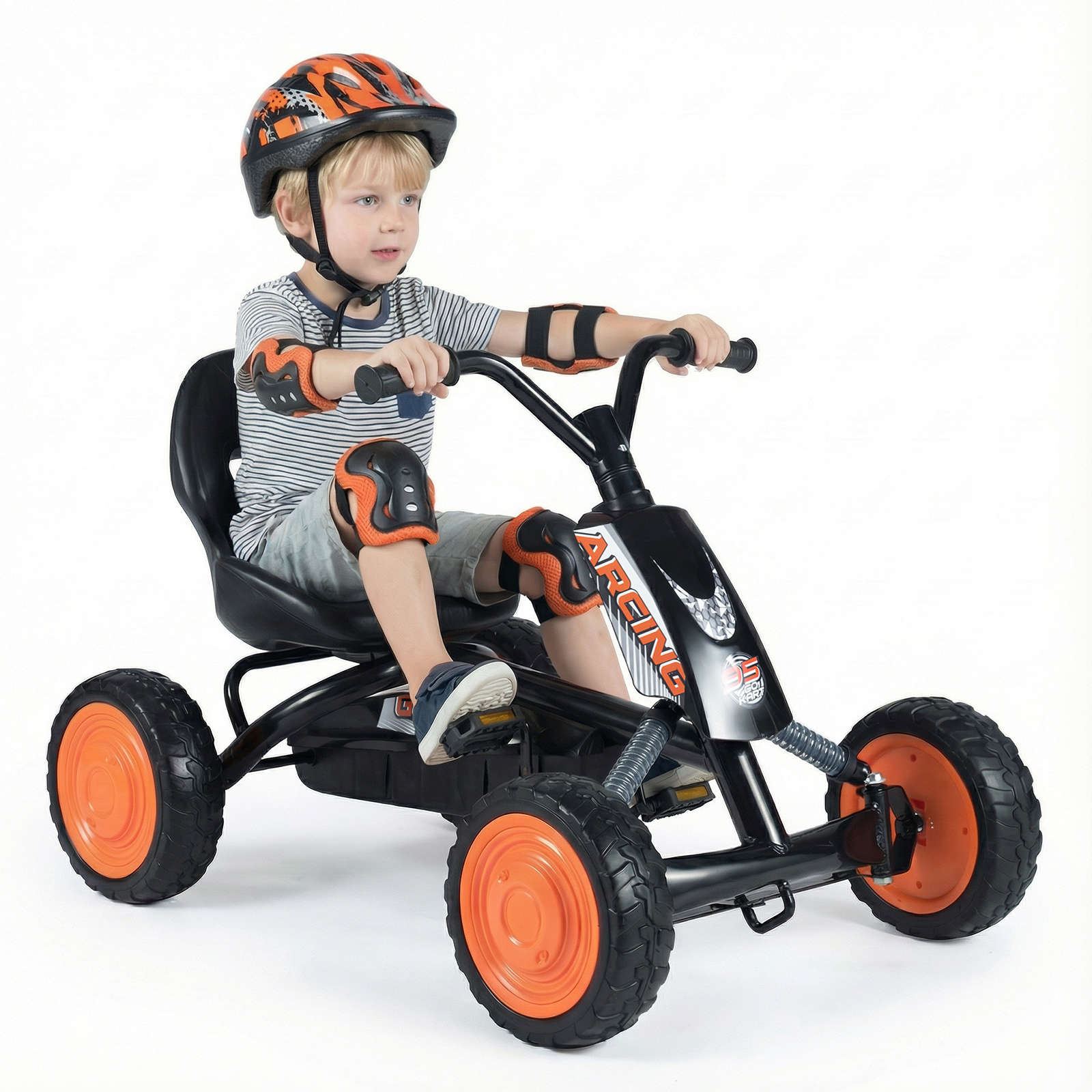 Laste gokart reguleeritava istmega, pedaalidega, ette- ja tahapoole suunatud rehvidega, õue, 3-8 aastat, must