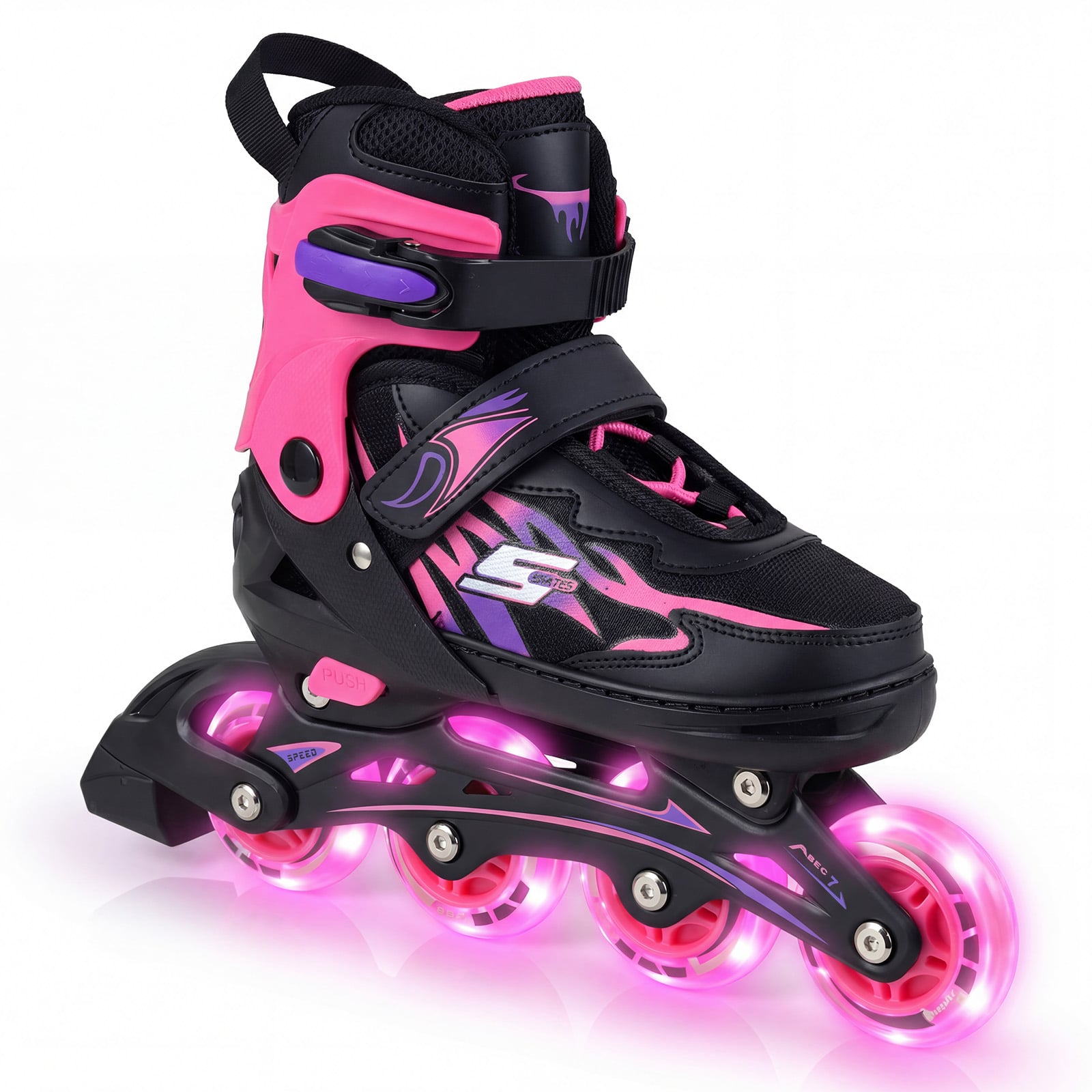 Laste rulluisud, 4 reguleeritavat suurust, rulluisud helendavate ratastega, roosa L (EU 38-41)