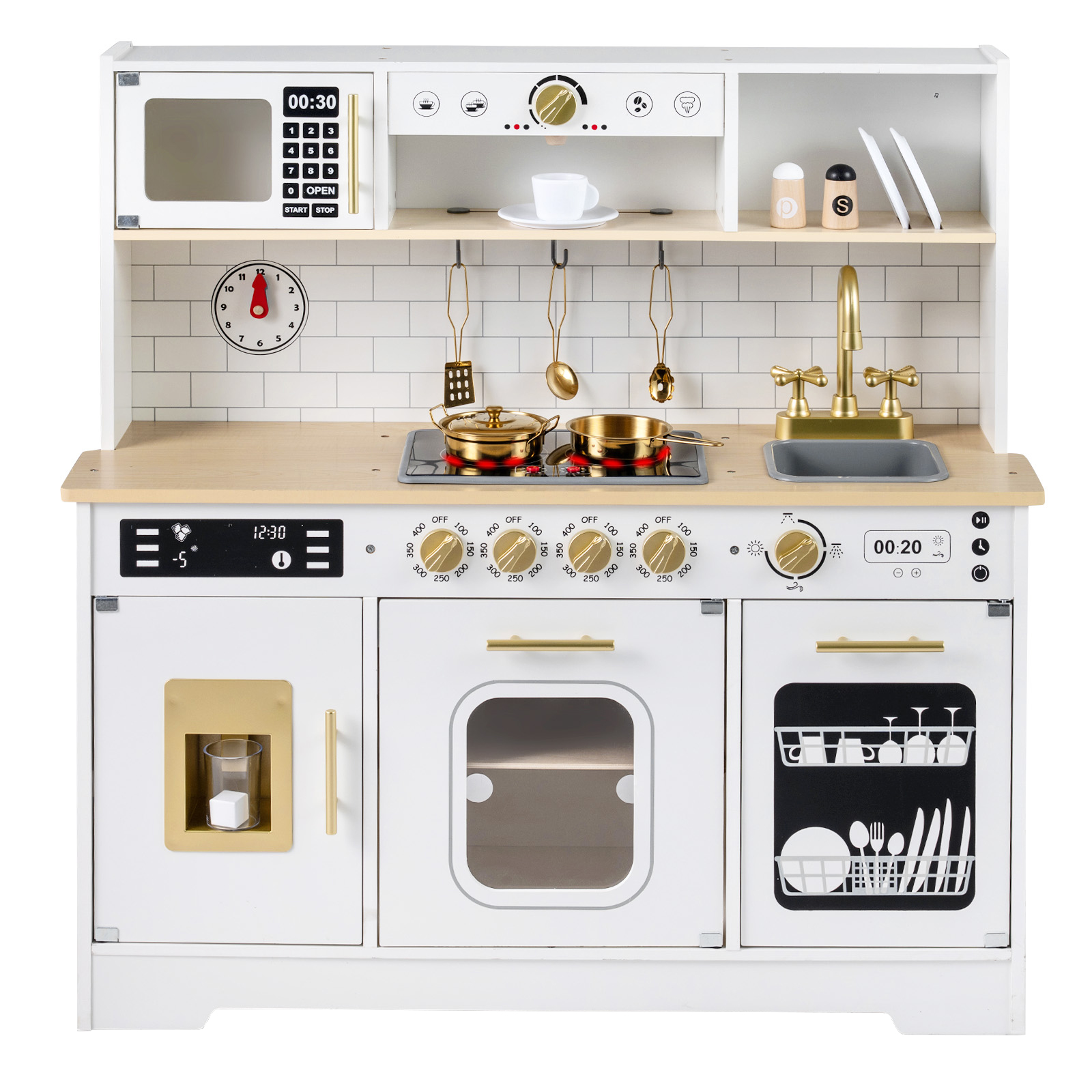 Laste köök valguse ja heliga, puidust mänguköök pliidi ja valamuga, mänguköök 14 tarvikuga, valge