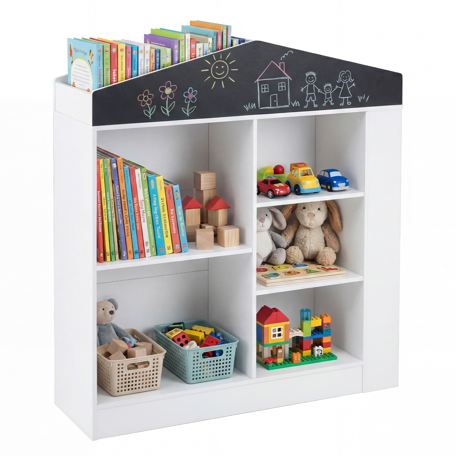 Laste majakujuline raamaturiiul kriiditahvli ja 11 sektsiooniga, Montessori mänguriiul, valge