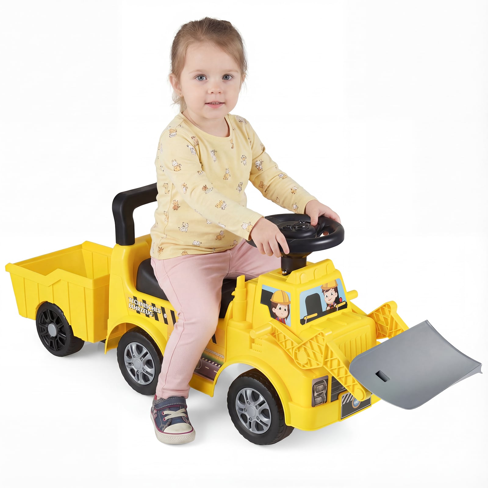 Eemaldatava haagise, labida ja istmeall asuva panipaigaga laste pealeistutav tõukeauto ning interaktiivne mänguauto, kollane