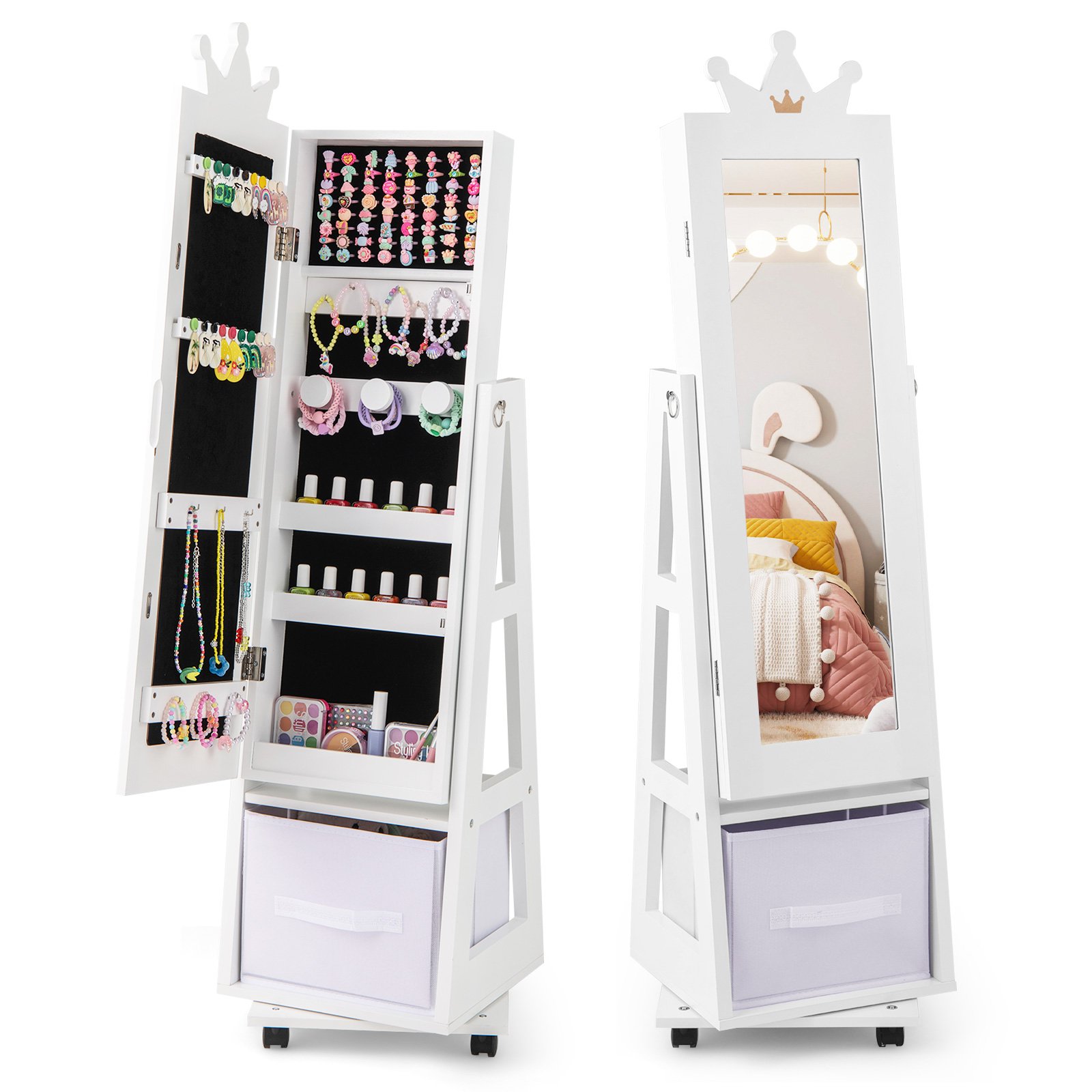 Laste ehete kapp 3-ühes peegelkapp 360 pööratav ehete riiul täispikkuses peegliga valge