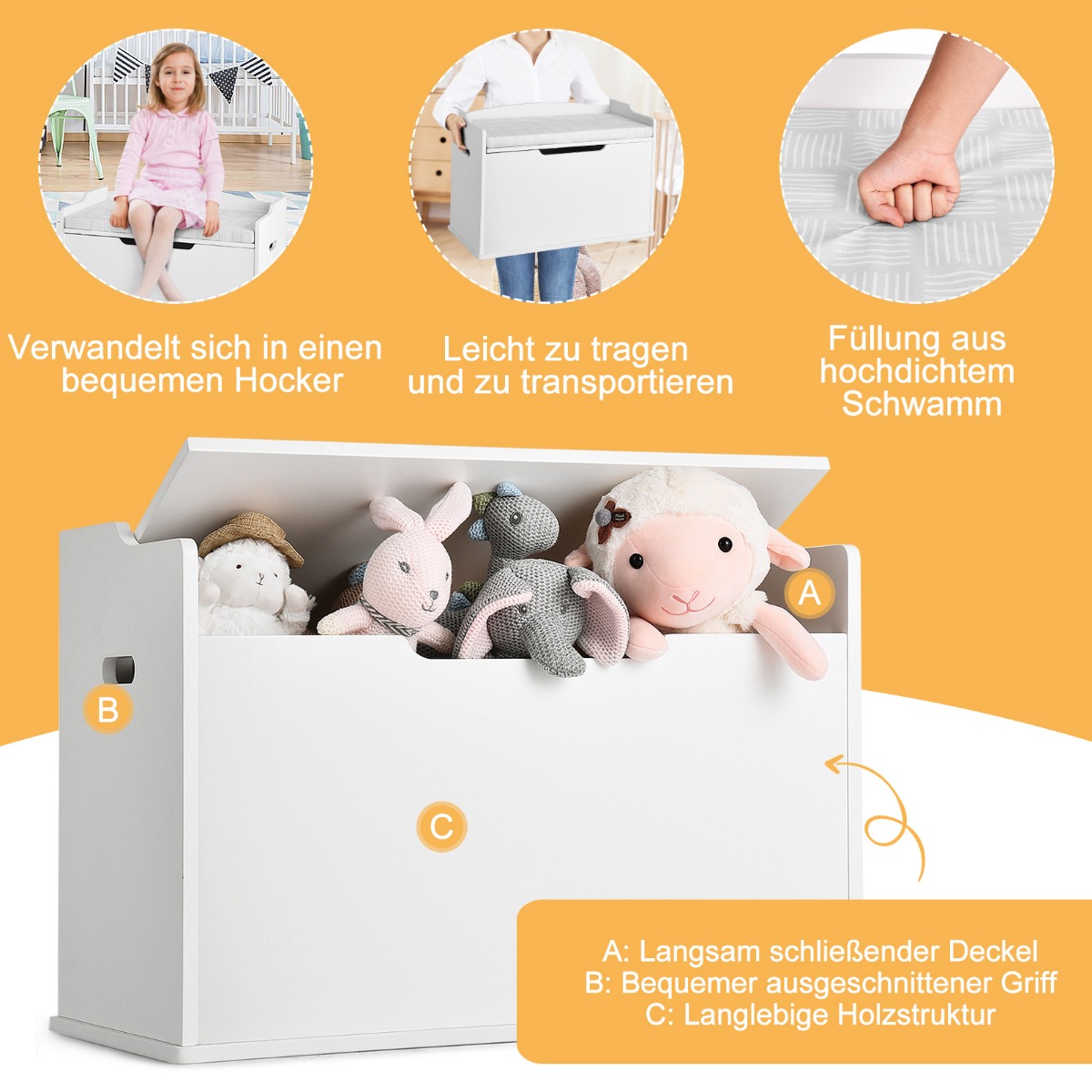 Mänguasjakast kaanega 2 ühes mänguasjakirst padjaga mänguasjakapp 74 x 39 x 52 cm valge