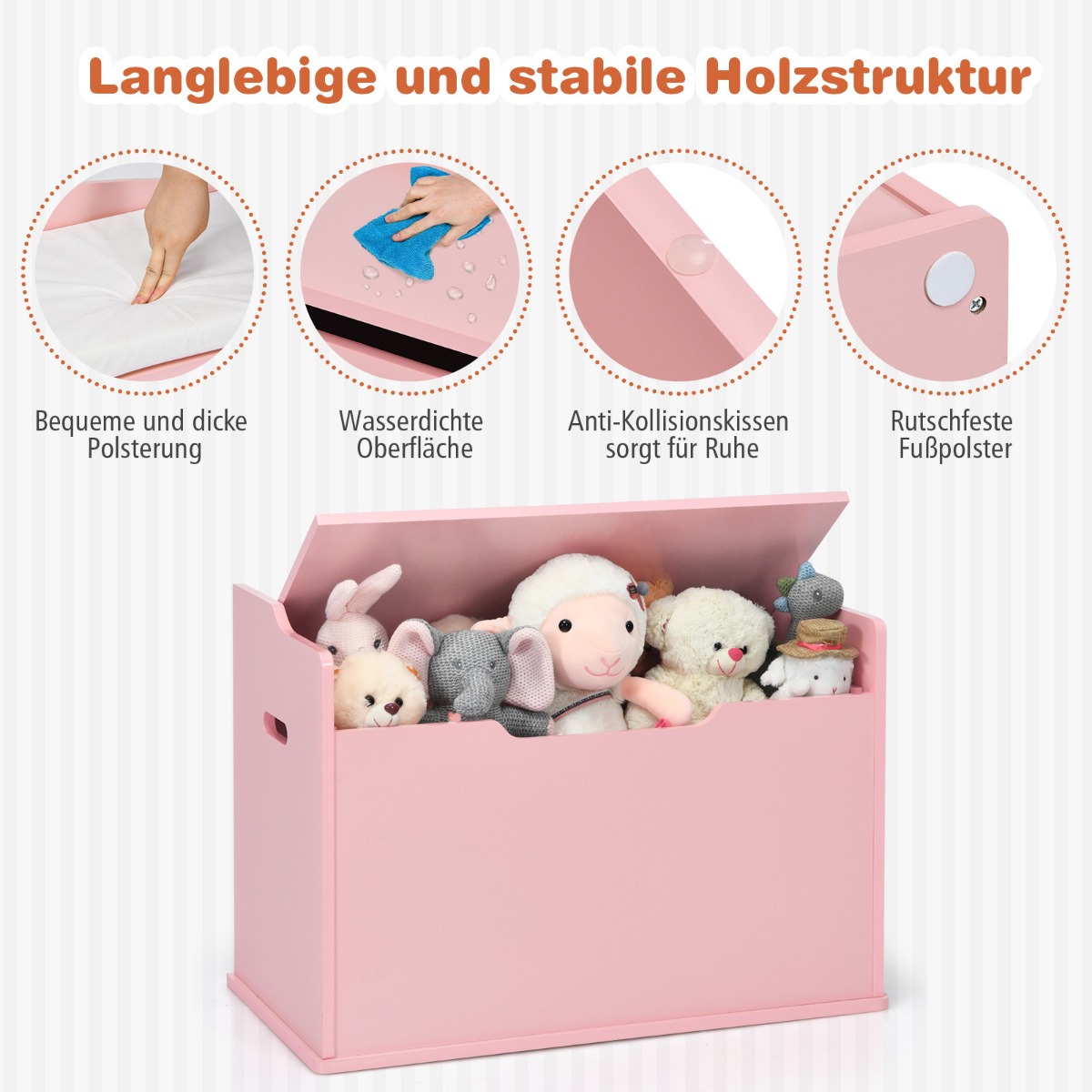 Mänguasjakast kaanega 2 ühes mänguasjakirst padjaga puidust mänguasjakapp kandekäepidemetega roosa