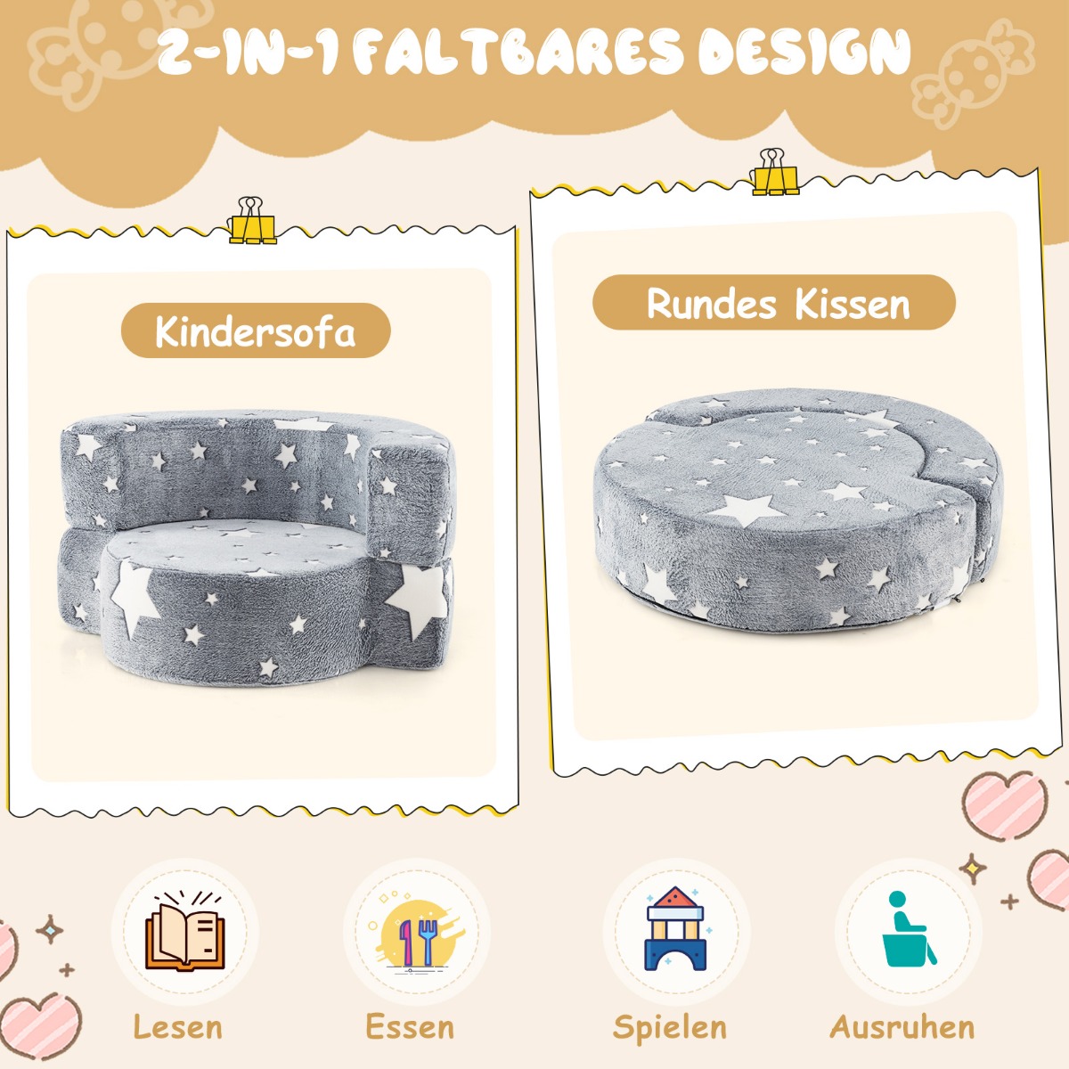 2-ühes laste diivan ja mängudiivan mis helendab pimedas polsterdatud eemaldatava kattega hall