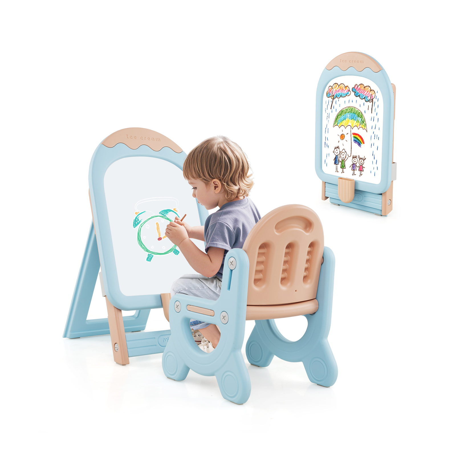 Laste molbert tooliga, kõrgusega reguleeritav ja kokkupandav laste kriiditahvlil valge tahvli ja hoiukarbiga, sinine