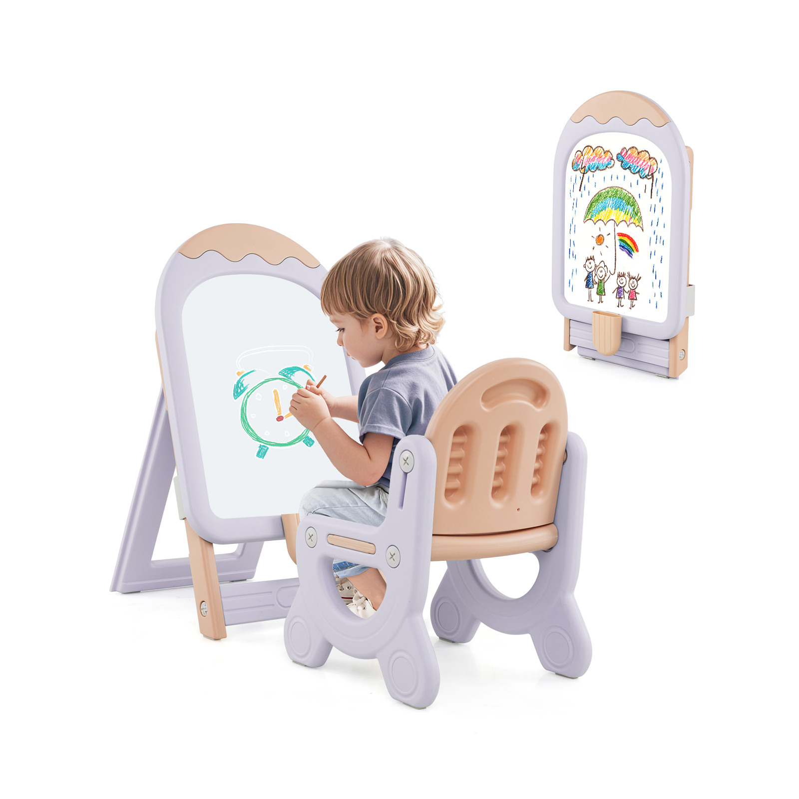 Laste molbert koos tooliga reguleeritava kõrgusega ja kokkupandav tahvel koos valgetahvli ja hoiukastiga lilla