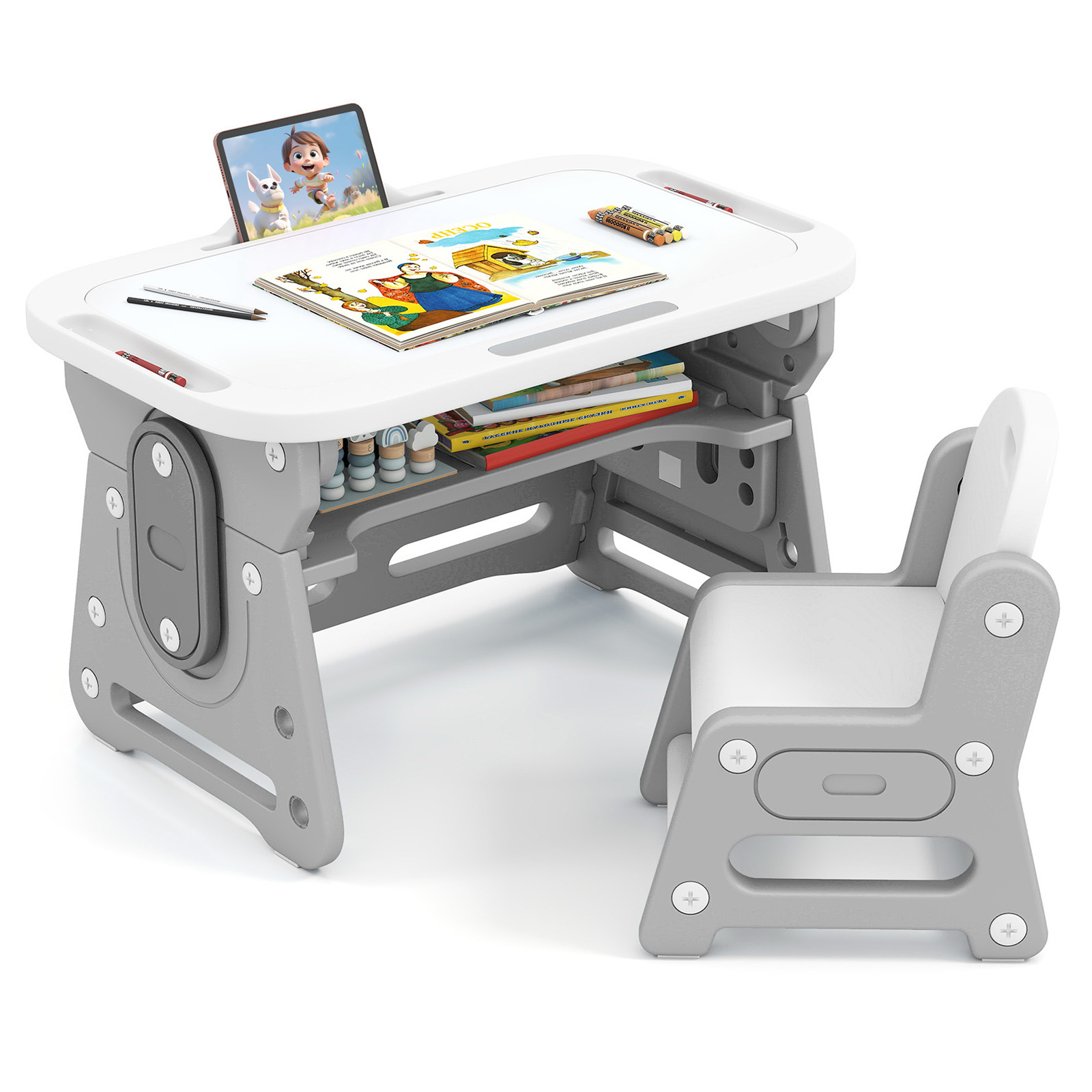 Laste laud koos tooliga reguleeritava kõrgusega lastemööblikomplekt kallutatava valgetahvliga hall