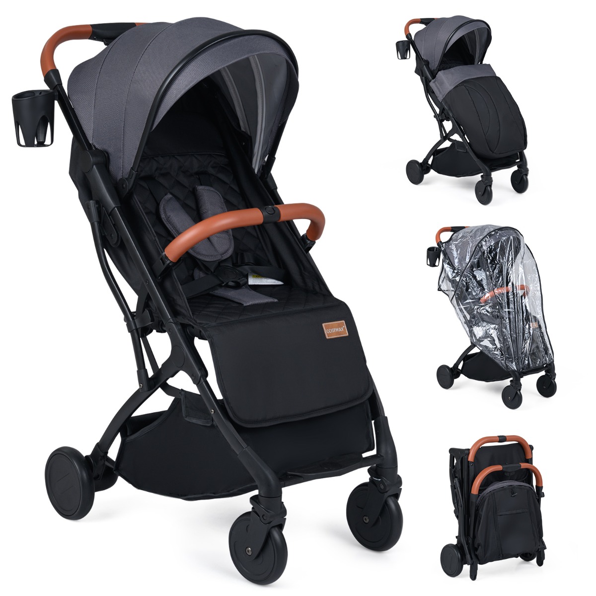 Kokkupandav reisikäru vihmakatte, reguleeritava seljatoe ja jalatoega, hall