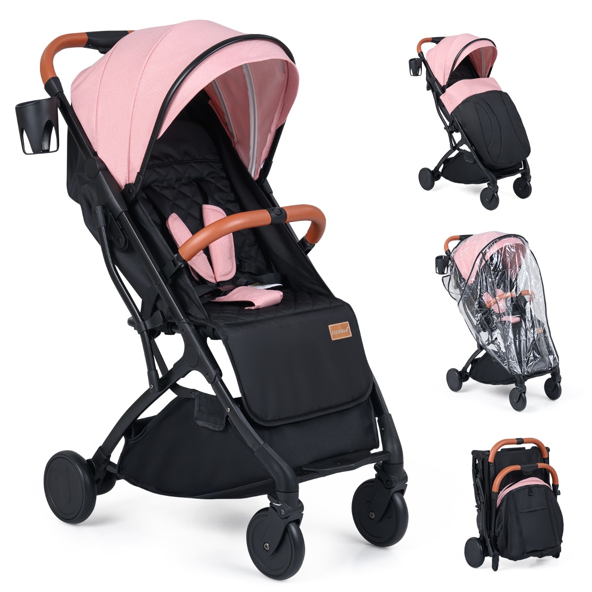 Kokkupandav reisikäru vihmakatte, reguleeritava seljatoe ja jalatoega, roosa