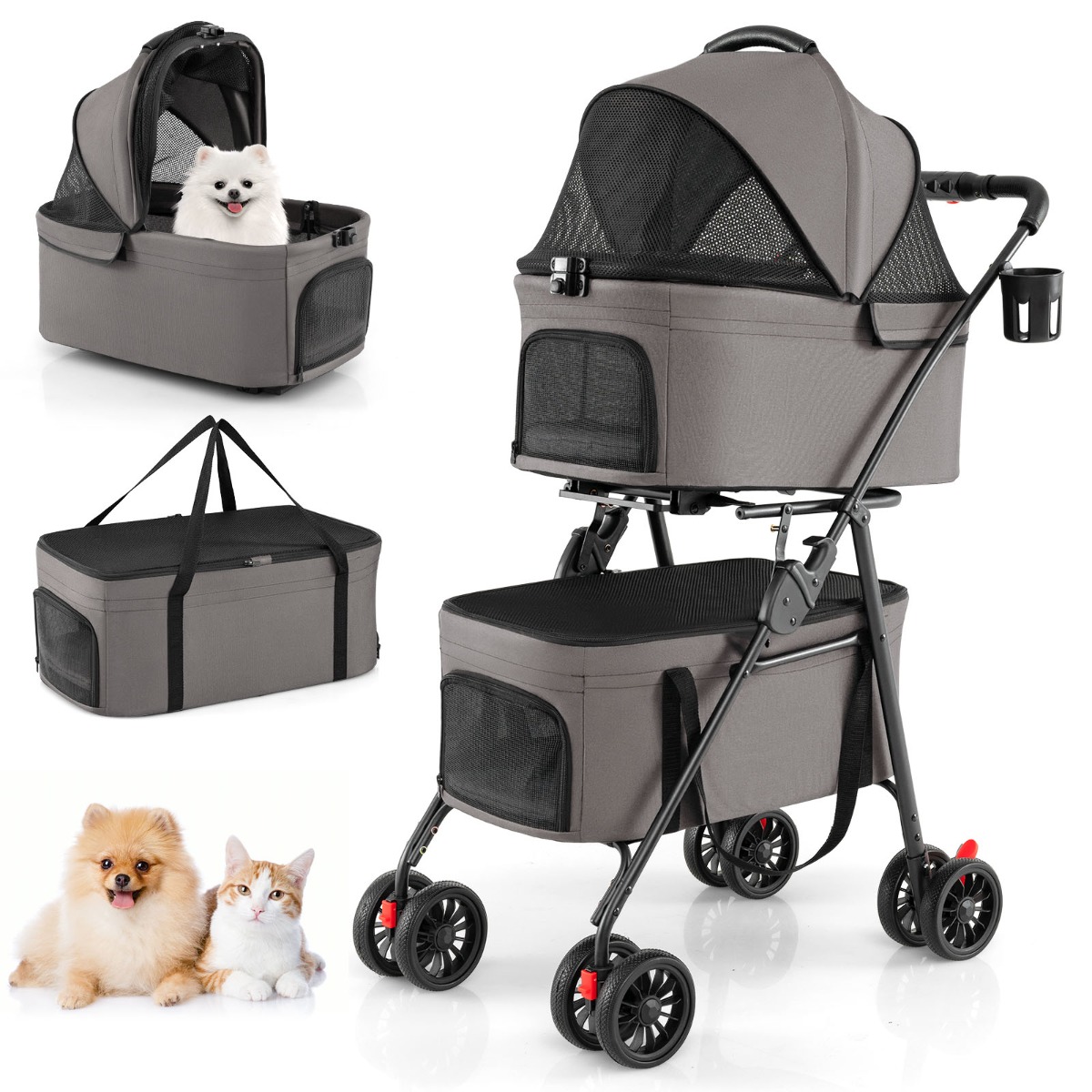 Kokkupandav koerakäru kahele lemmikloomale, 3 ühes, kahe eemaldatava kandekäruga, hall