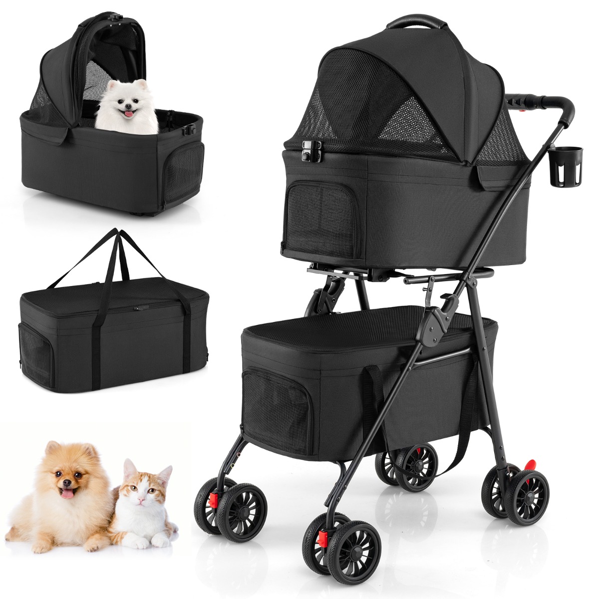 Kahekordne lemmikloomakäru, 3 ühes kokkupandav koerakäru, 2 eemaldatava kandekäruga, must