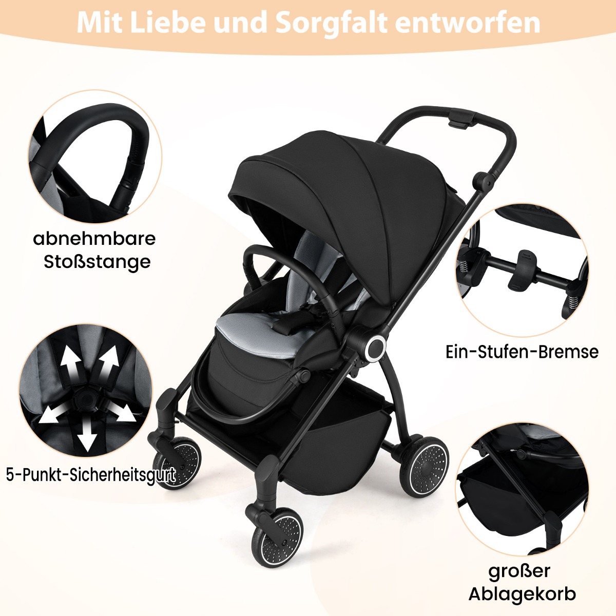 Beebivanker pööratava istmega, kokkupandav imikuvanker - must