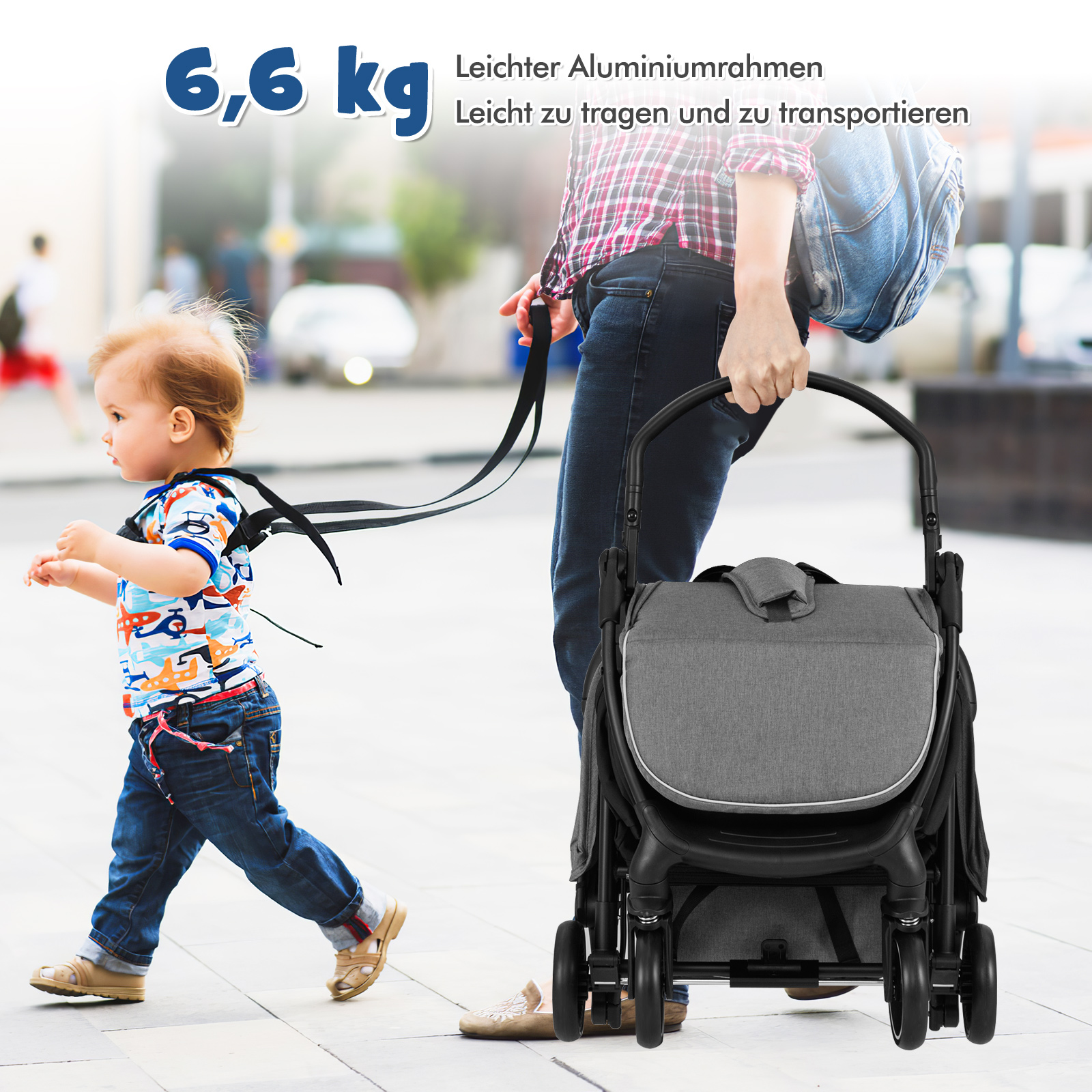 Kokkupandav jalutuskäru reisikäru lamamisasendiga lapsekäru kaasaskantav reguleeritava seljatoega kuni 15 kg kandevõimega hall