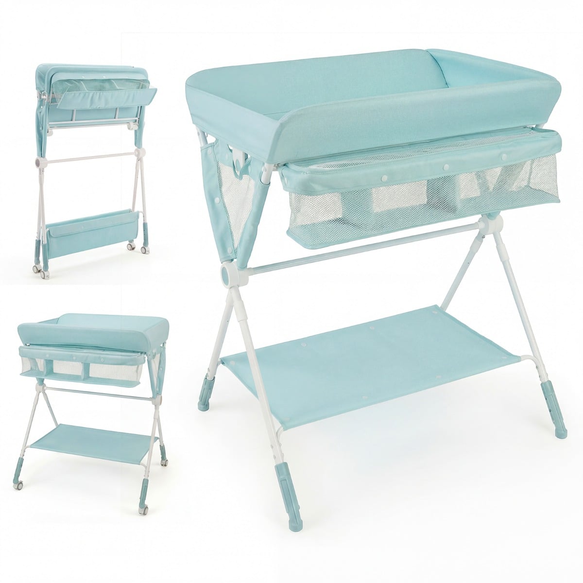 Kaasaskantav mähkimislaud, kokkupandav mähkimisala kolmes suunas reguleeritava kõrguse ja lukustatavate ratastega, roheline