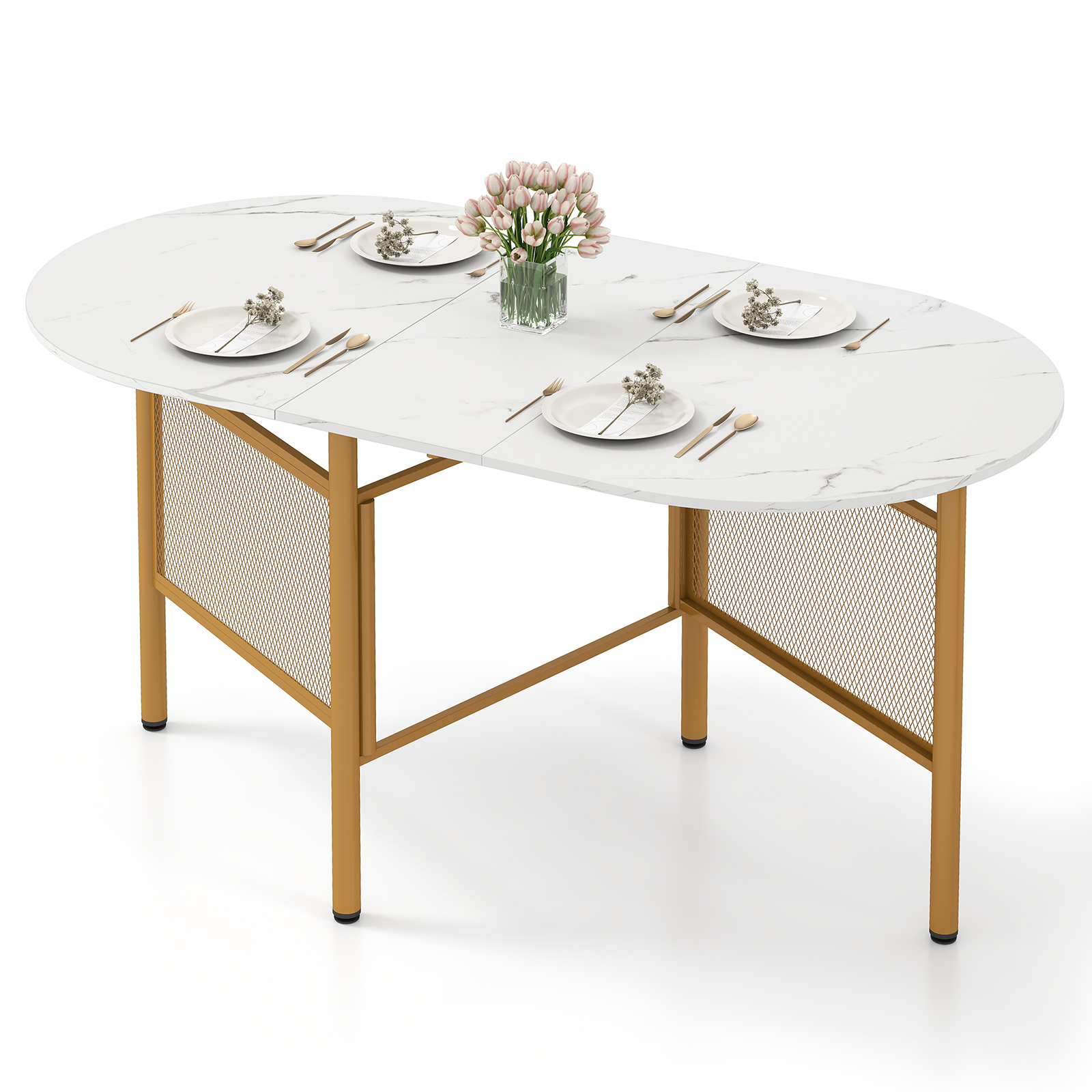 Kokkupandav söögilaud 6-8 inimesele, ruumisäästlik köögilaud kokkupandava funktsiooniga, 150 x 80 x 76 cm, valge ja kuldne