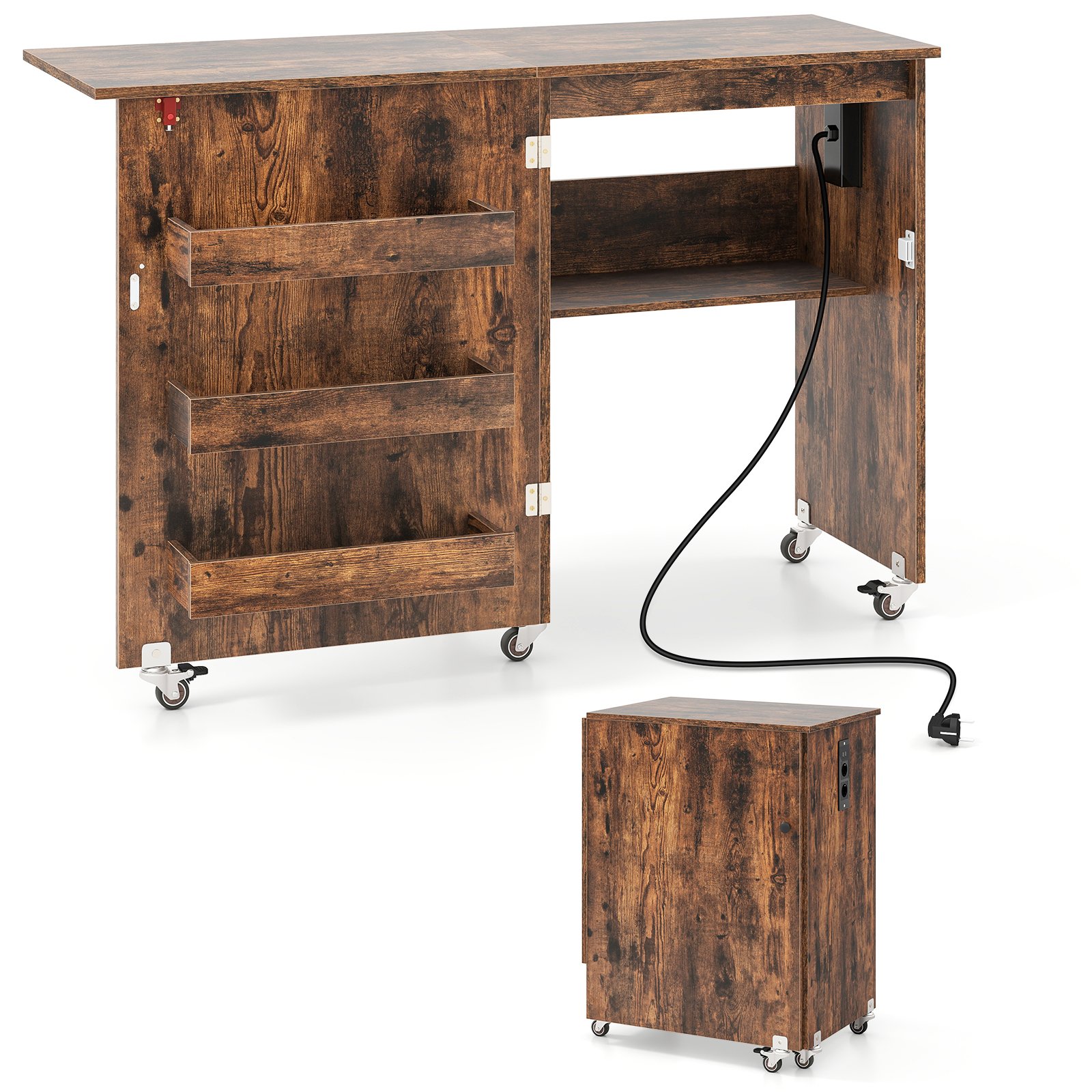 Kokkupandav õmbluslaud laadimisjaamaga kokkupandav käsitöökäru riiuli ja sahtlitega pähkel